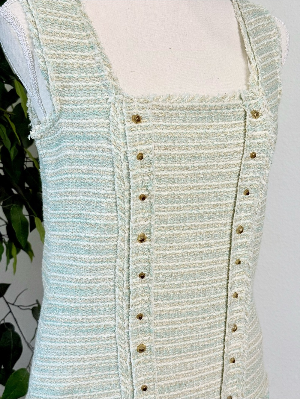 Zara Tweed Mini Dress Size Medium Mint Green White Gold - Picture 8 of 11